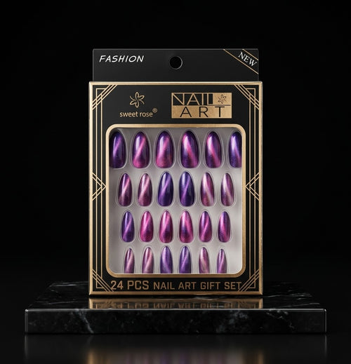 Pink purple cat-eye press-on nails 24 pcs set in gift box